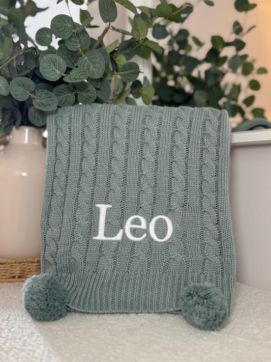 Personalised Double Pom Pom Knitted Blanket - Sage Green