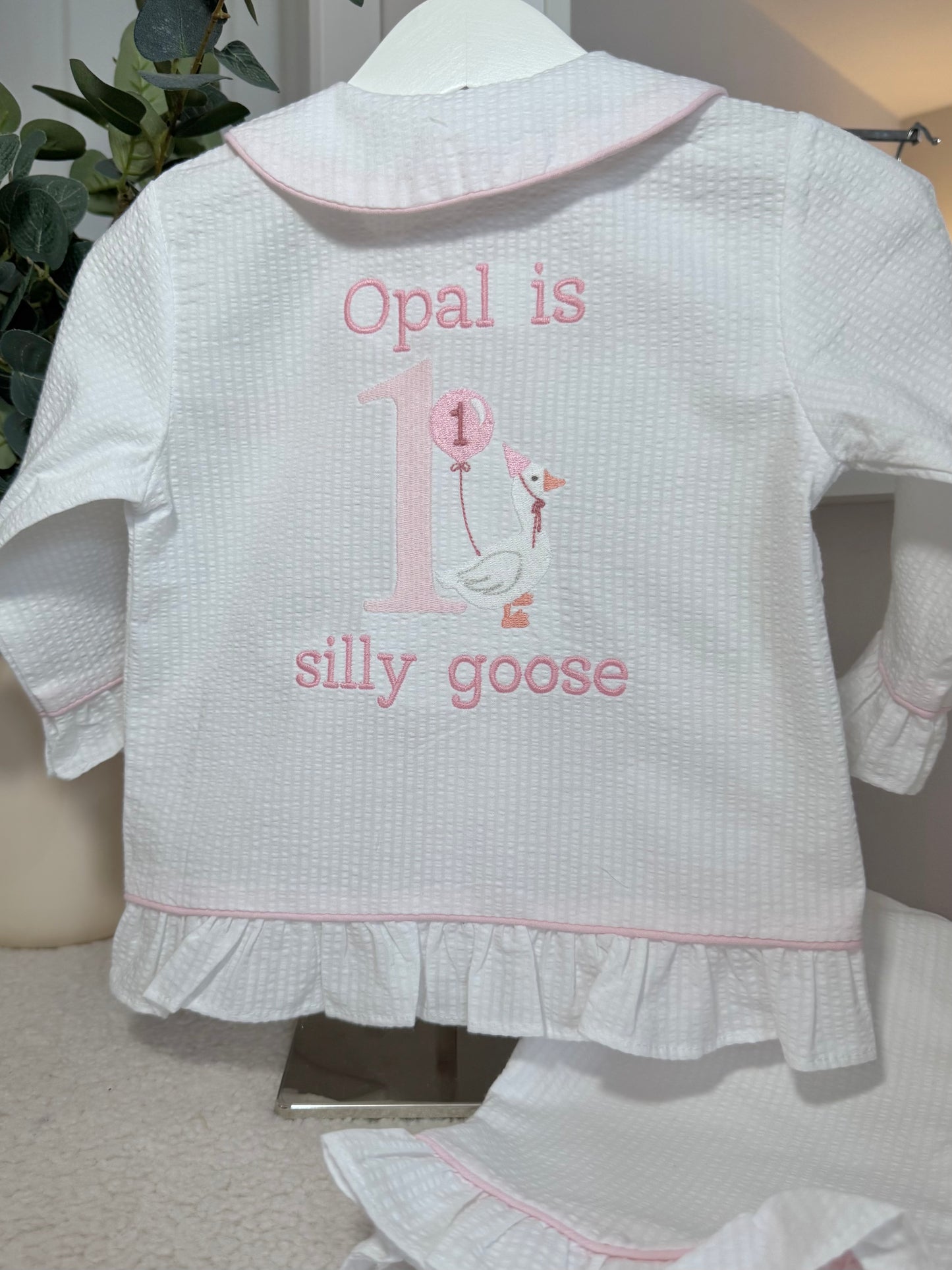 One Silly Goose - Girls White Frill Seersucker Pjs