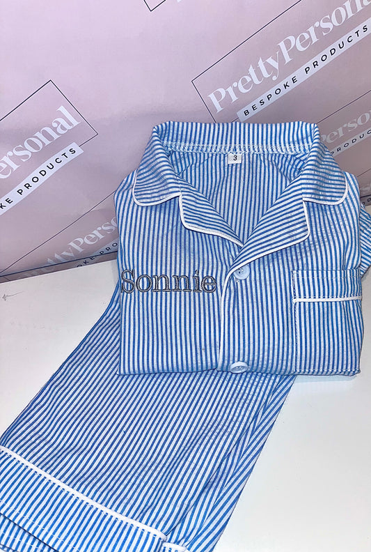 Personalised Boy's Blue Pinstripe Pyjamas