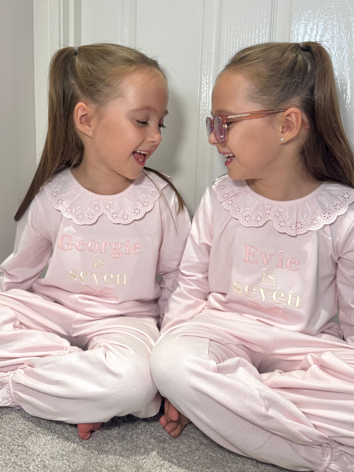 Personalised Girls Birthday Pjs | Pink | Frill collar and cuffs.