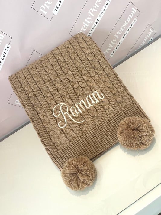 Personalised Double Pom Pom Knitted Blanket - Biscuit