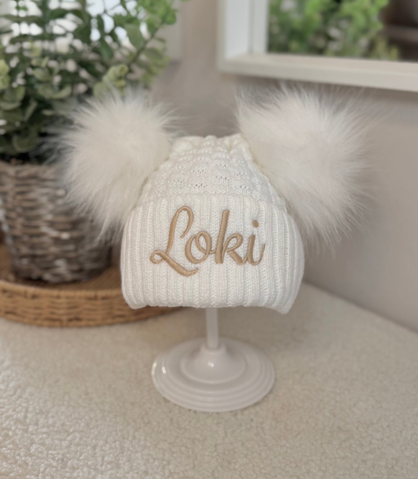 Personalised Double Pom Winter Hat with Embroidered Name - White