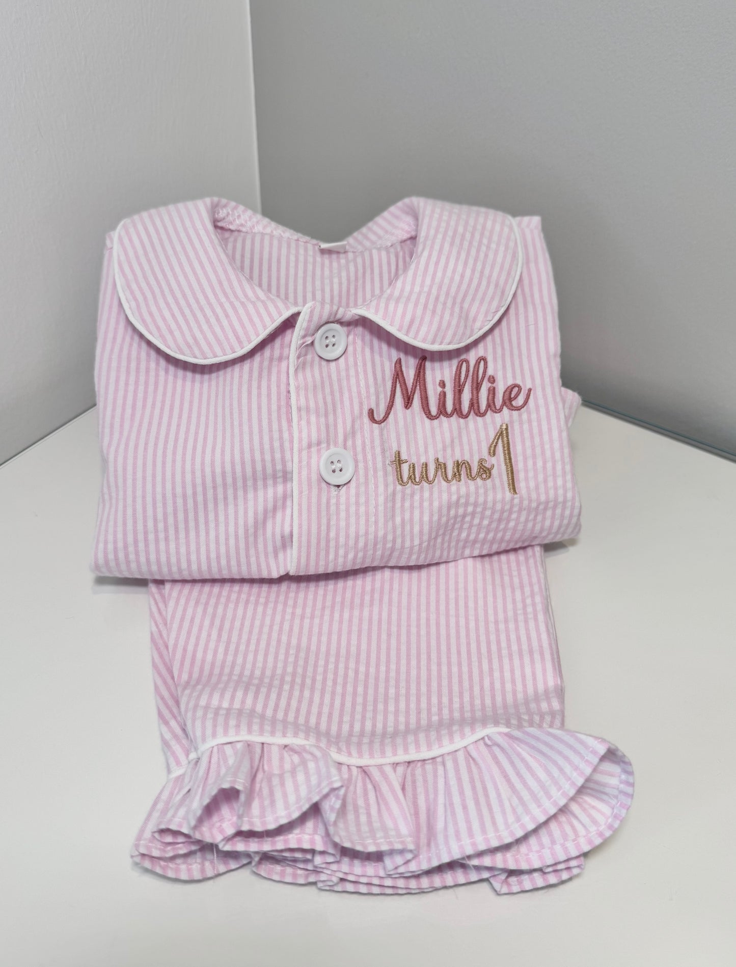 Girls Pink Pinstripe Pjs with frill detail
