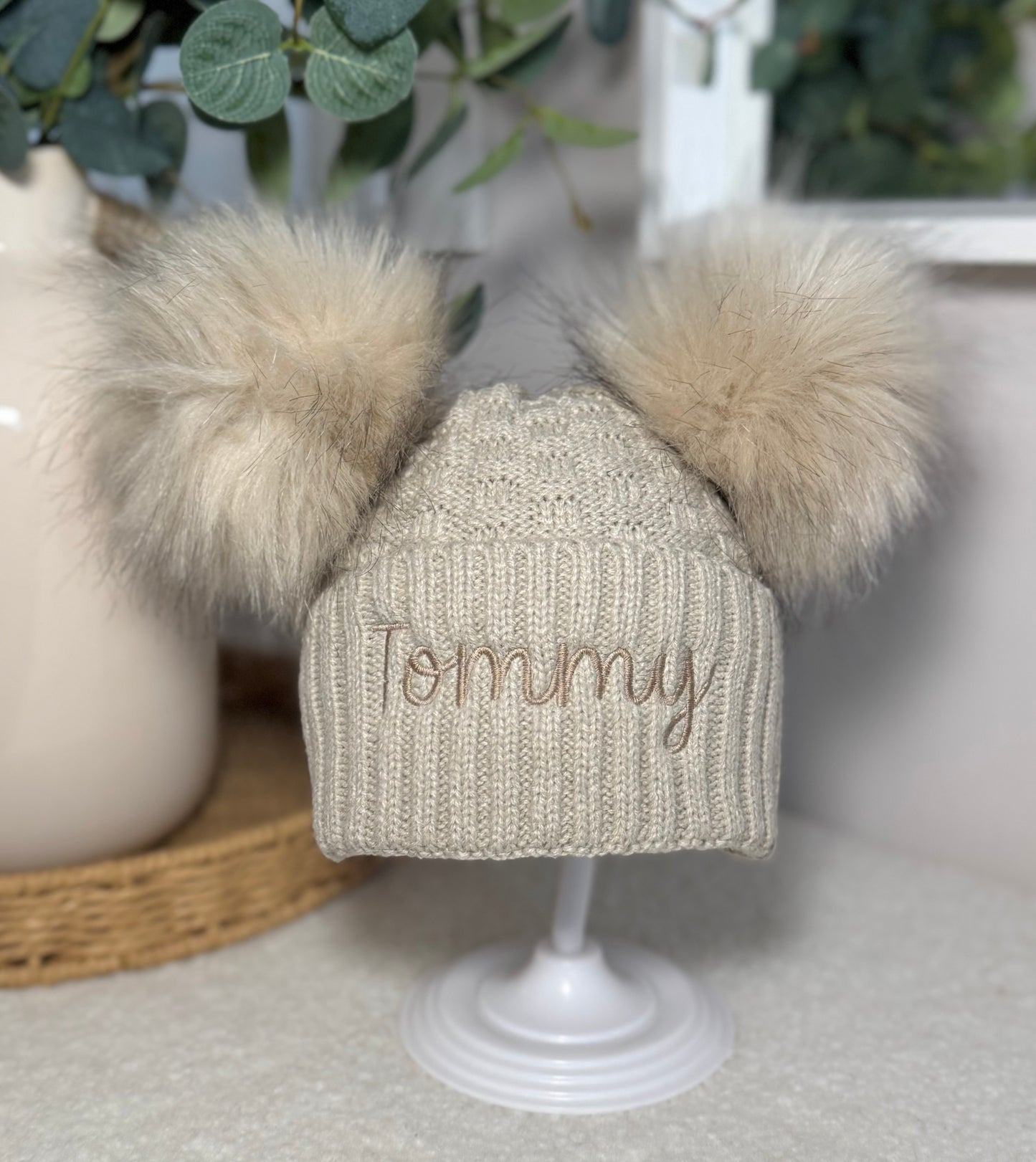 Personalised Double Pom Winter Hat with Embroidered Name - Beige