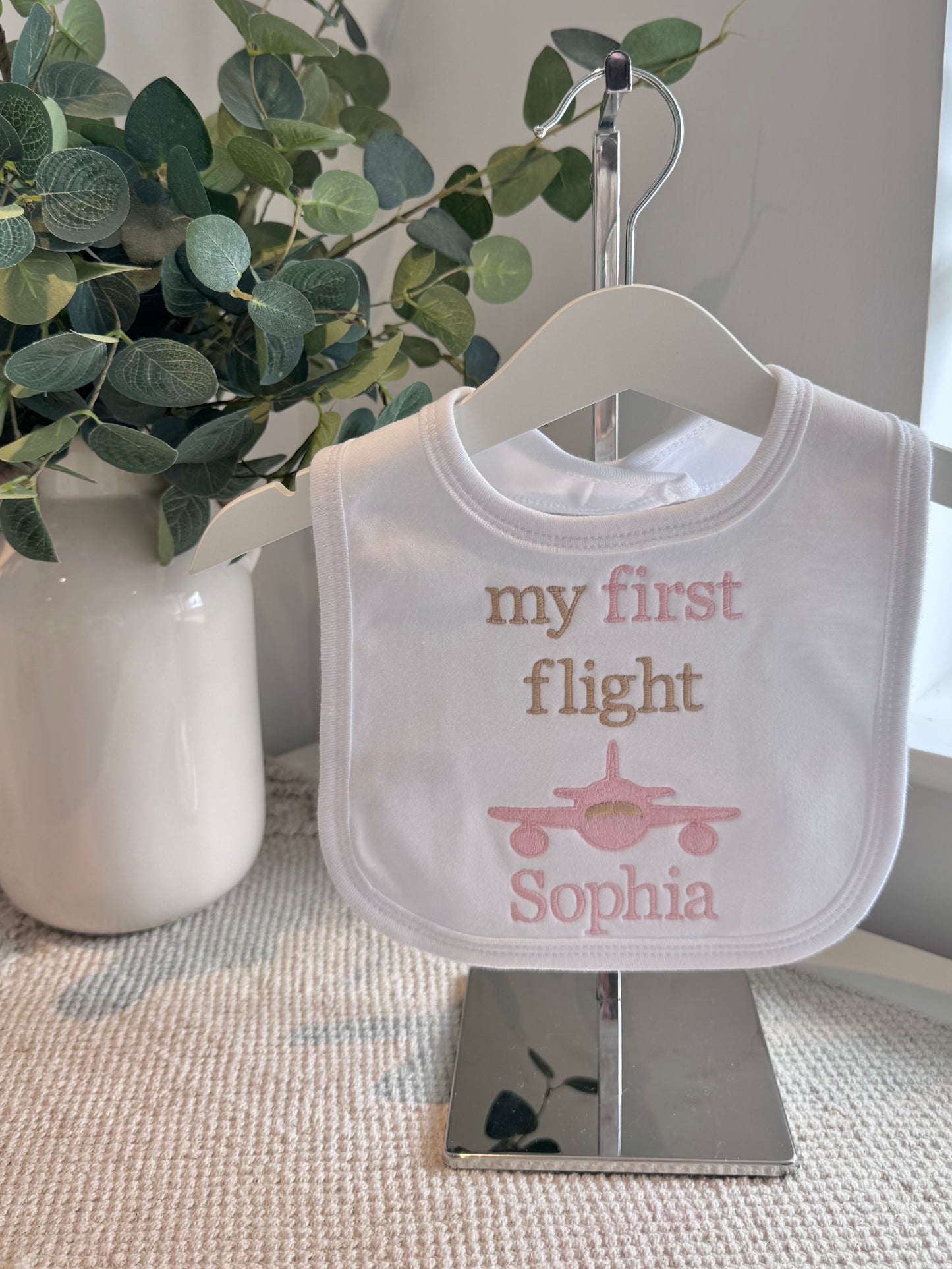 My First Flight Embroidered Bib - Pink