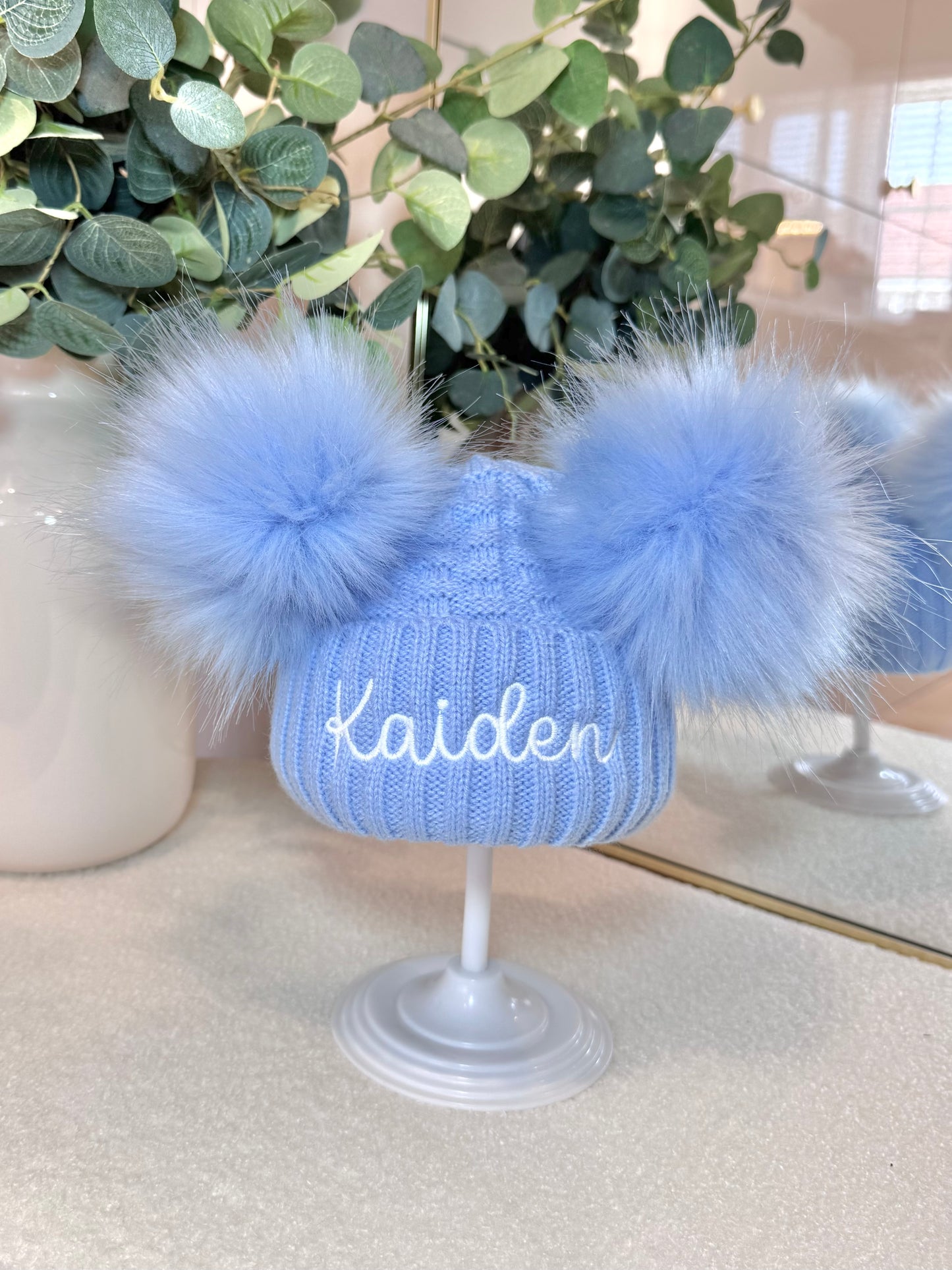 Personalised Double Pom Winter Hat with Embroidered Name - Blue