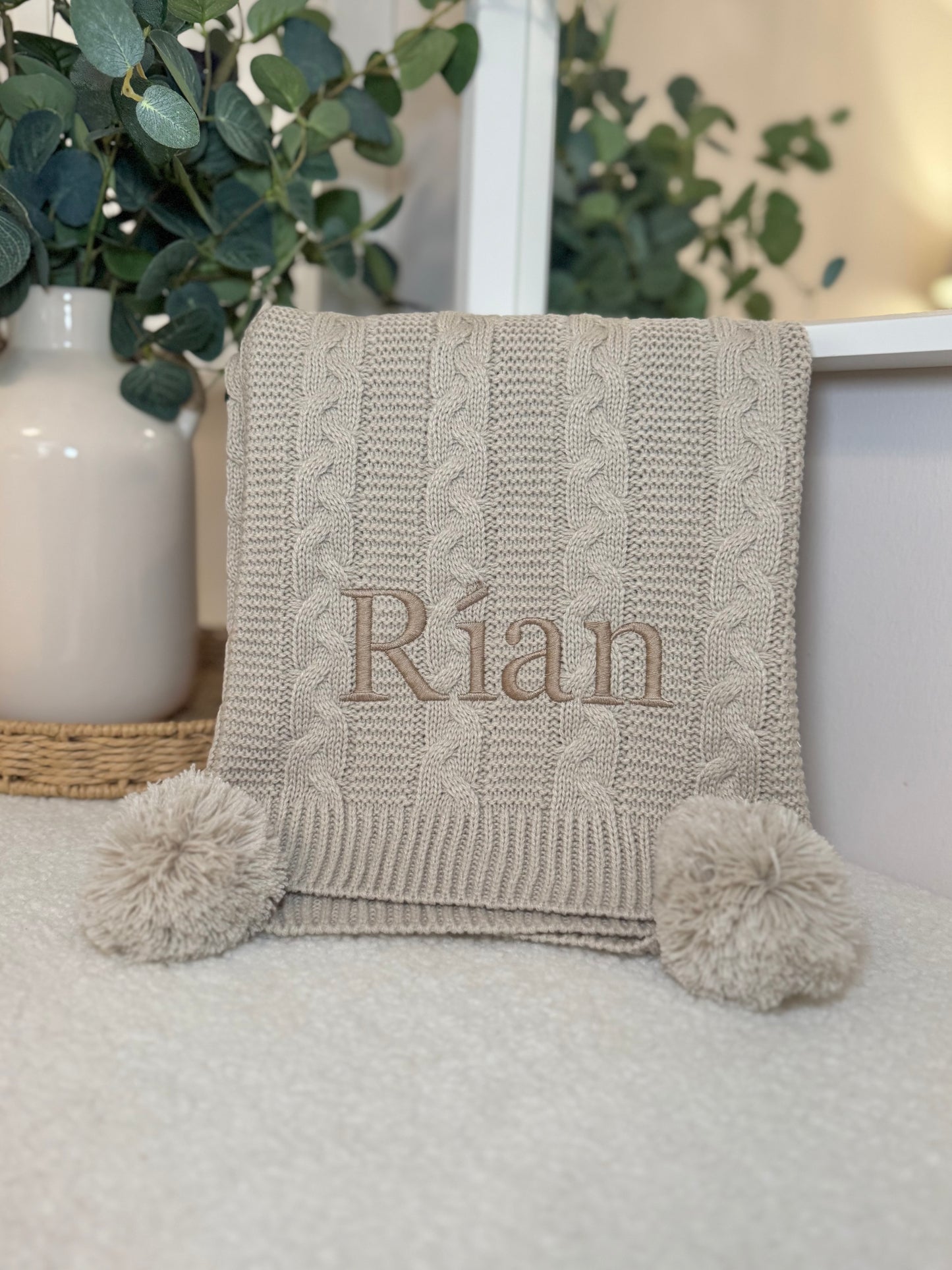 Personalised Double Pom Pom Knitted Blanket - Beige