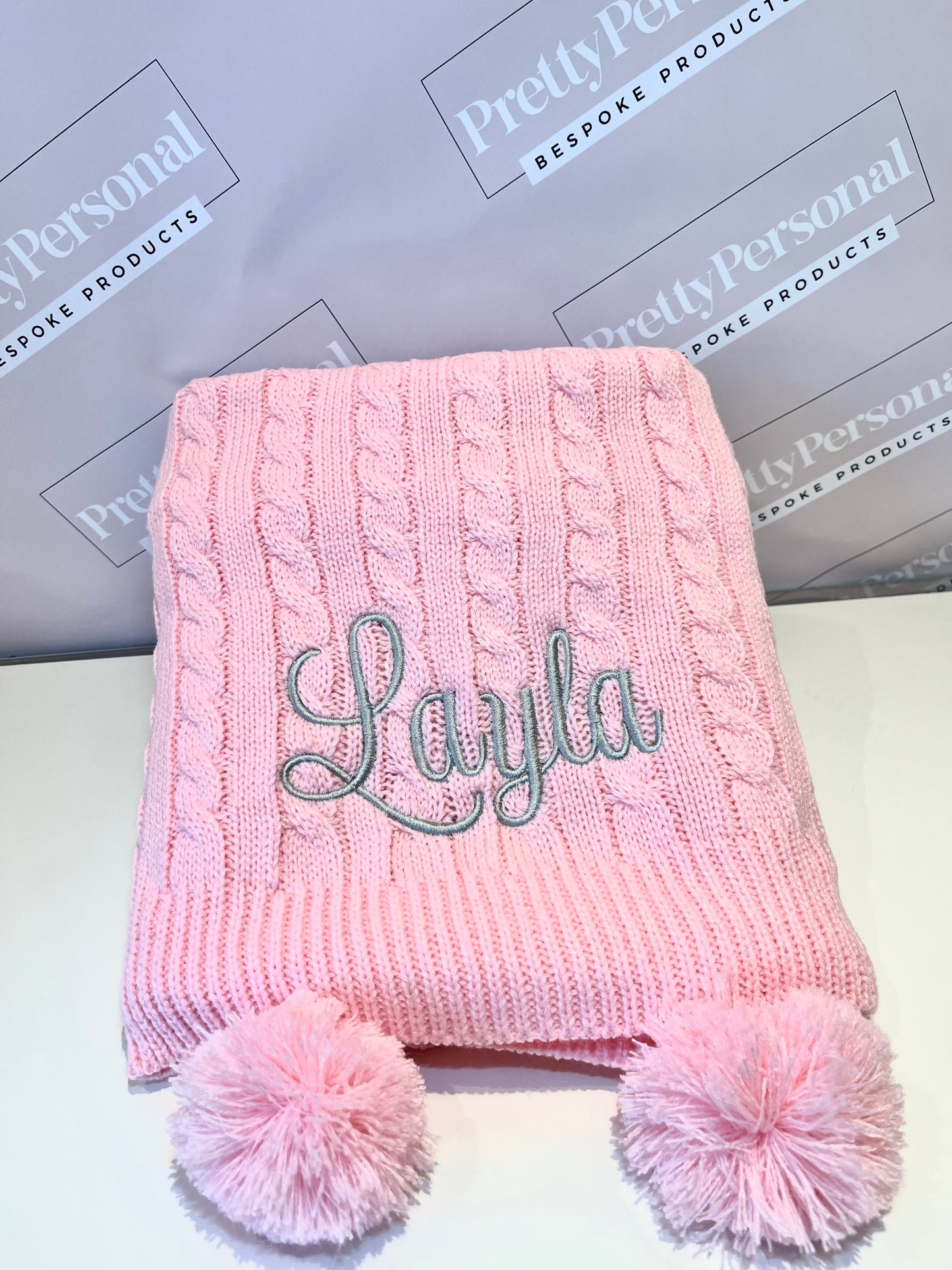 Personalised Double Pom Pom Knitted Blanket - Pink