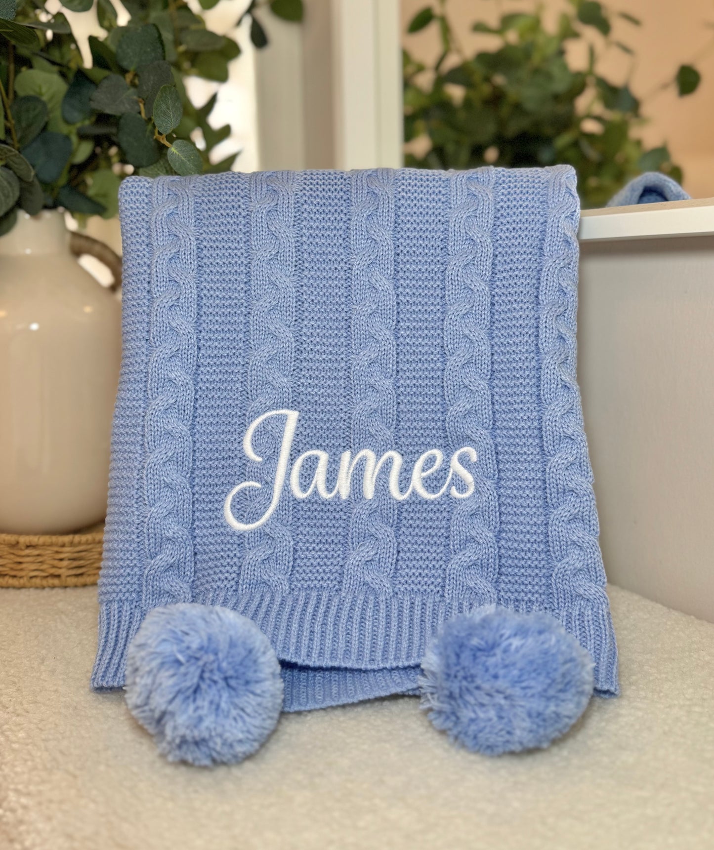 Personalised Double Pom Pom Knitted Blanket - Baby Blue