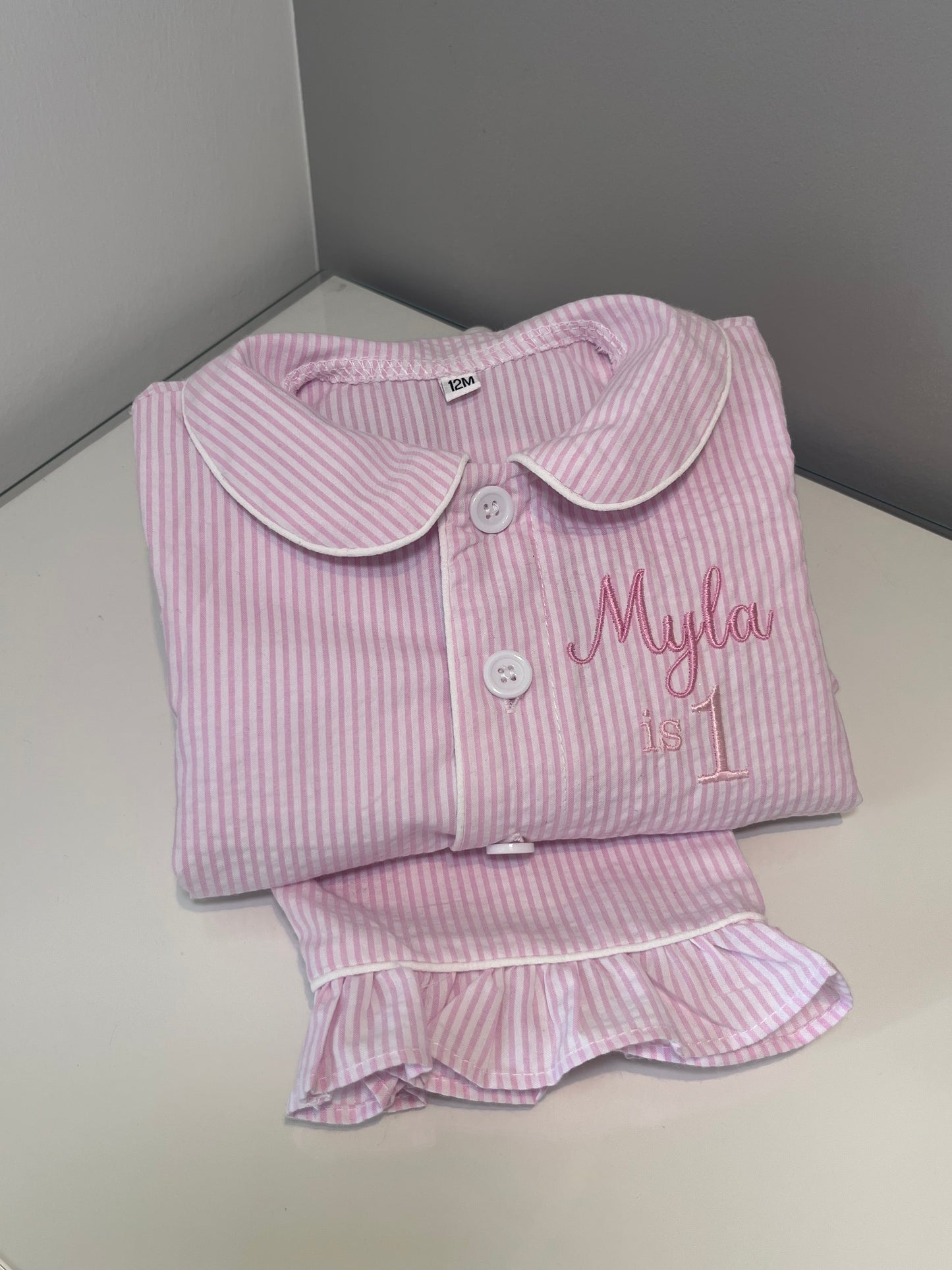 Girls Pink Pinstripe Pjs with frill detail