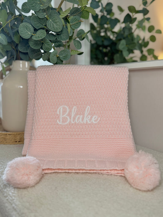 Personalised Double Pom Pom Knitted Blanket - Pink