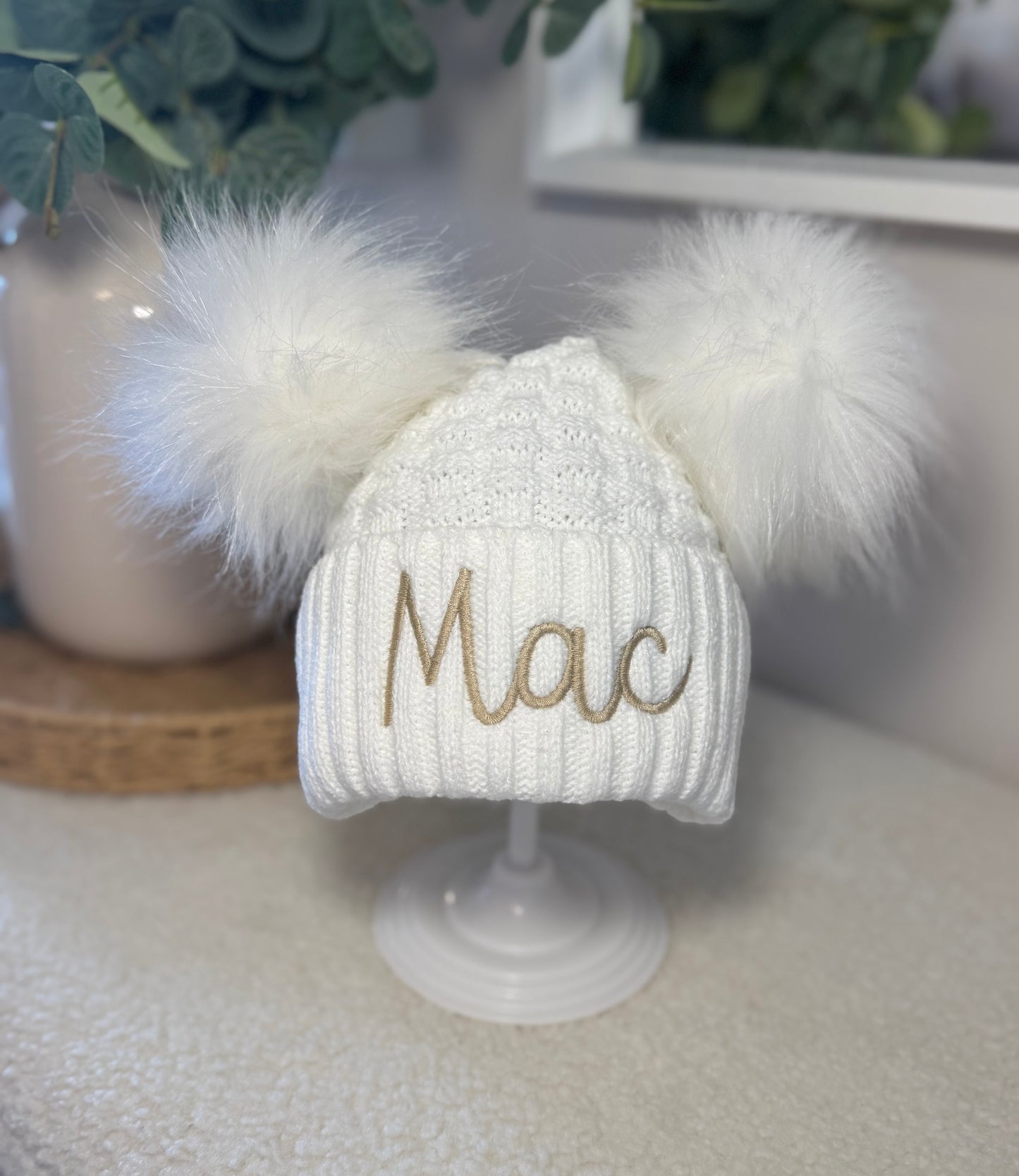 Personalised Double Pom Winter Hat with Embroidered Name - White