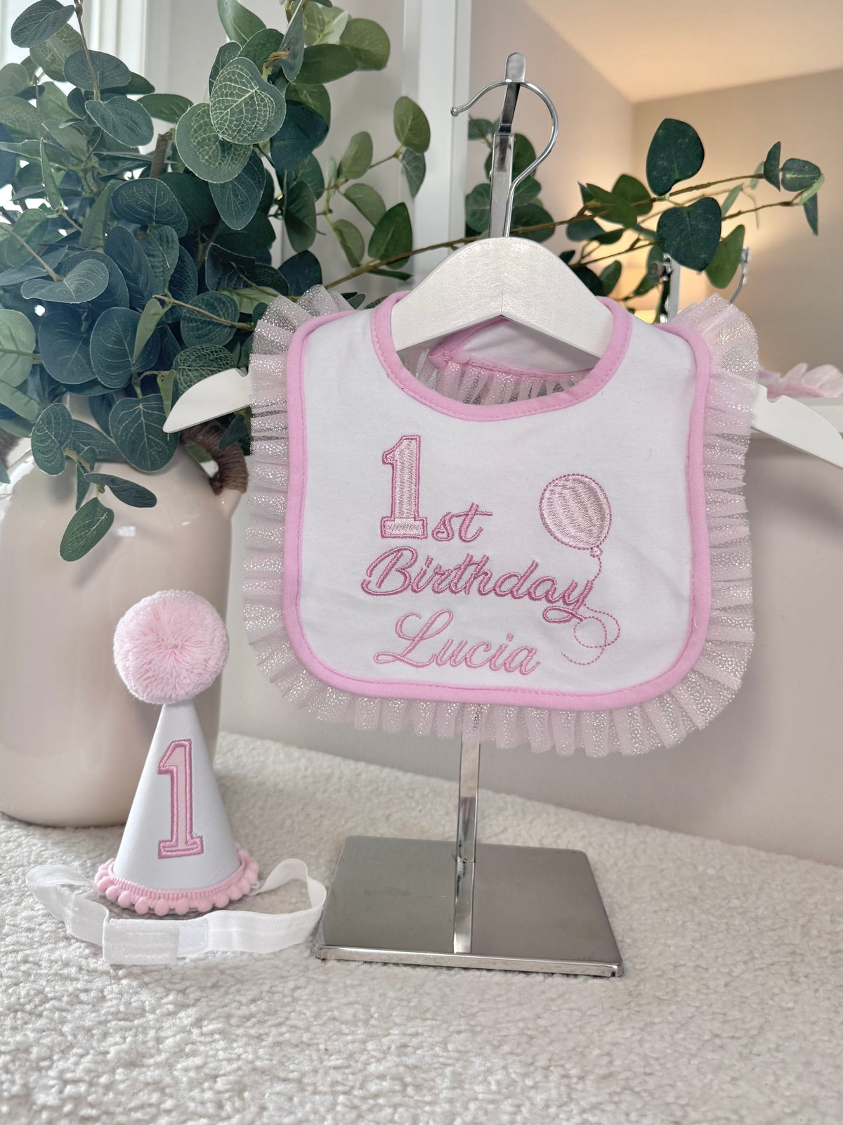 Personalised 1st Birthday Embroidered Bib & Party Hat Set.