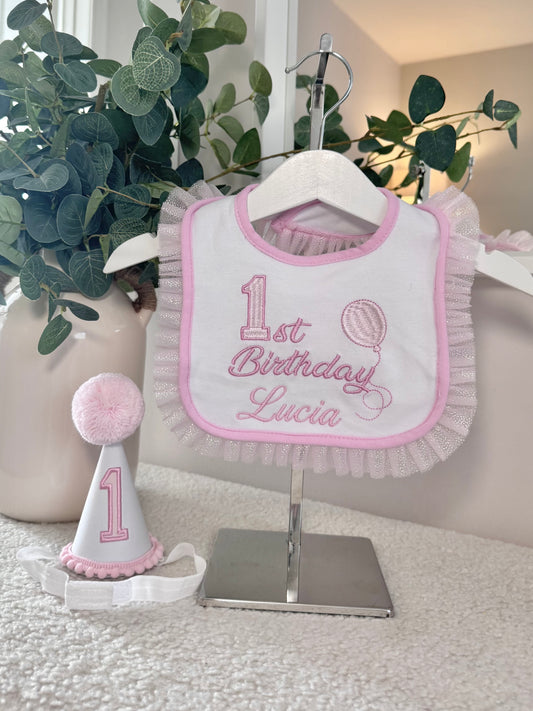 Personalised 1st Birthday Embroidered Bib & Party Hat Set.