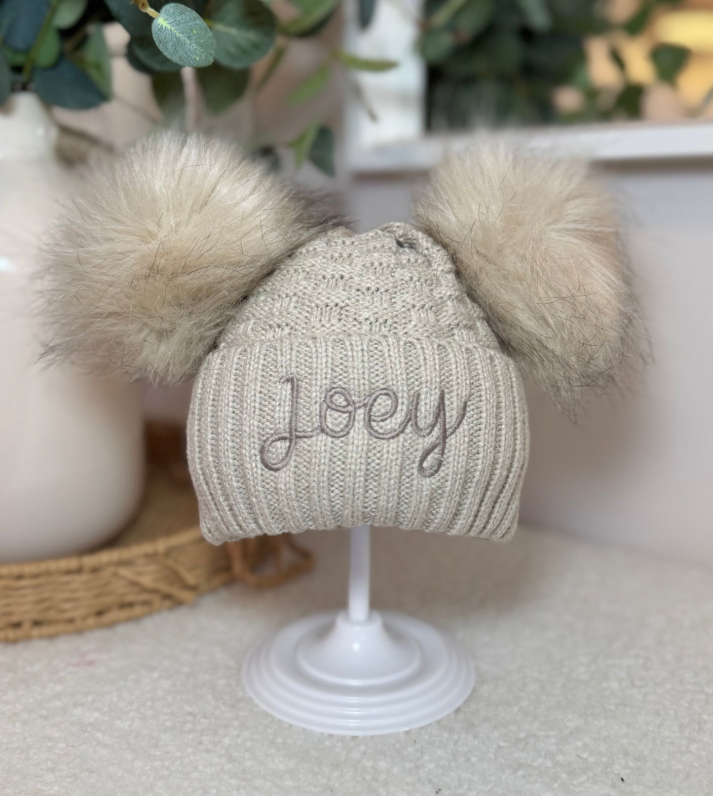 Personalised Double Pom Winter Hat with Embroidered Name - Beige
