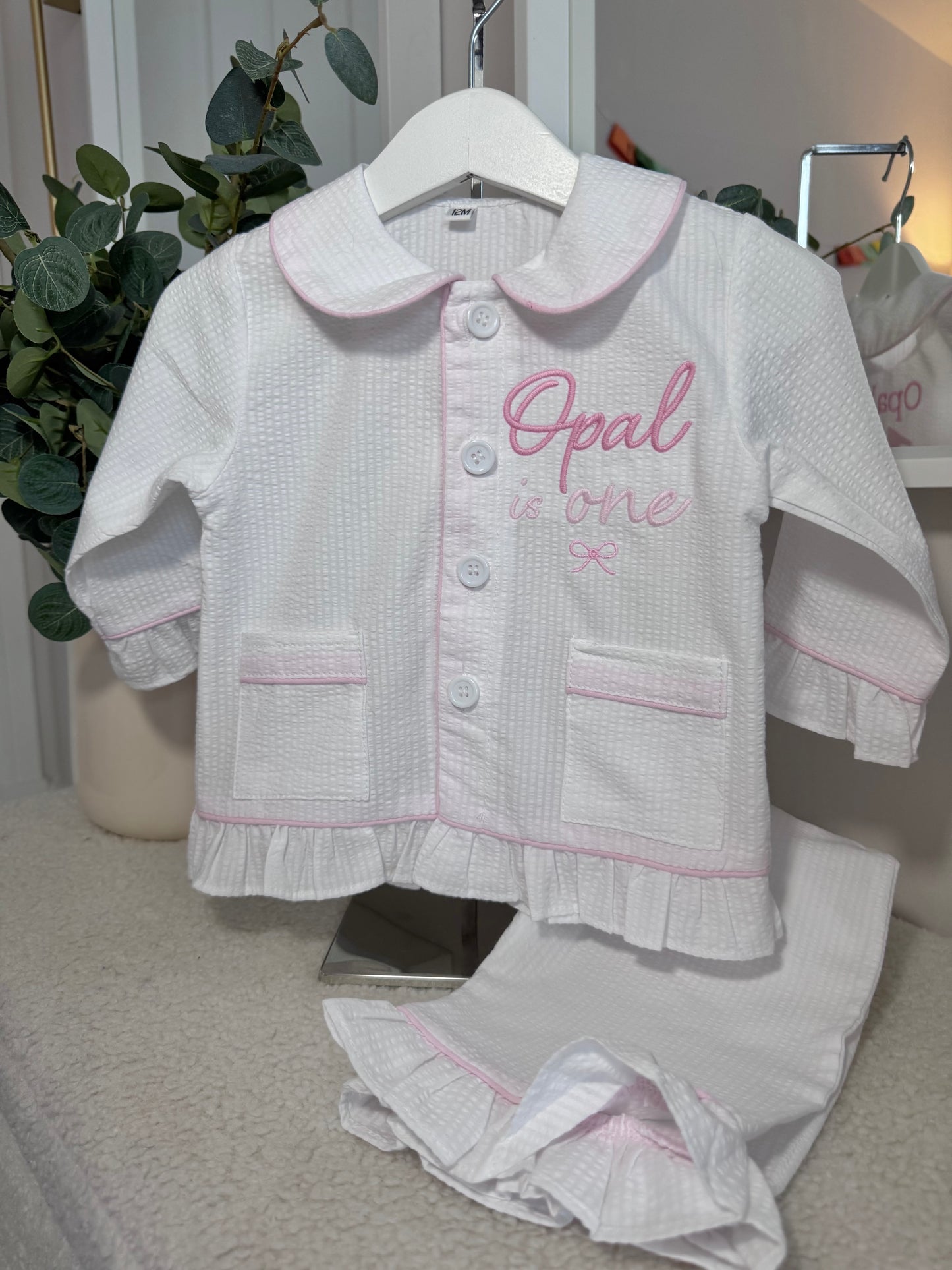 One Silly Goose - Girls White Frill Seersucker Pjs