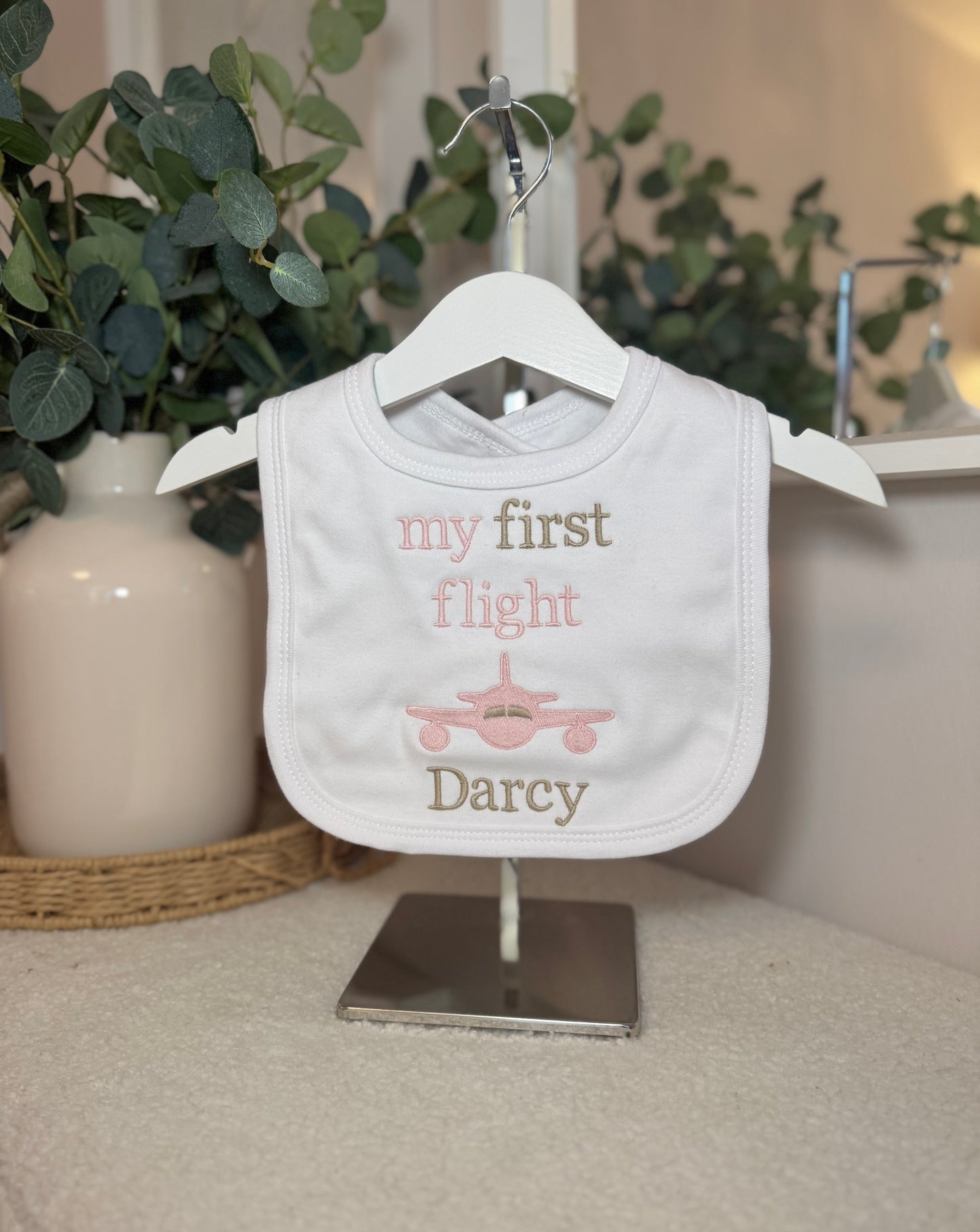 My First Flight Embroidered Bib - Pink