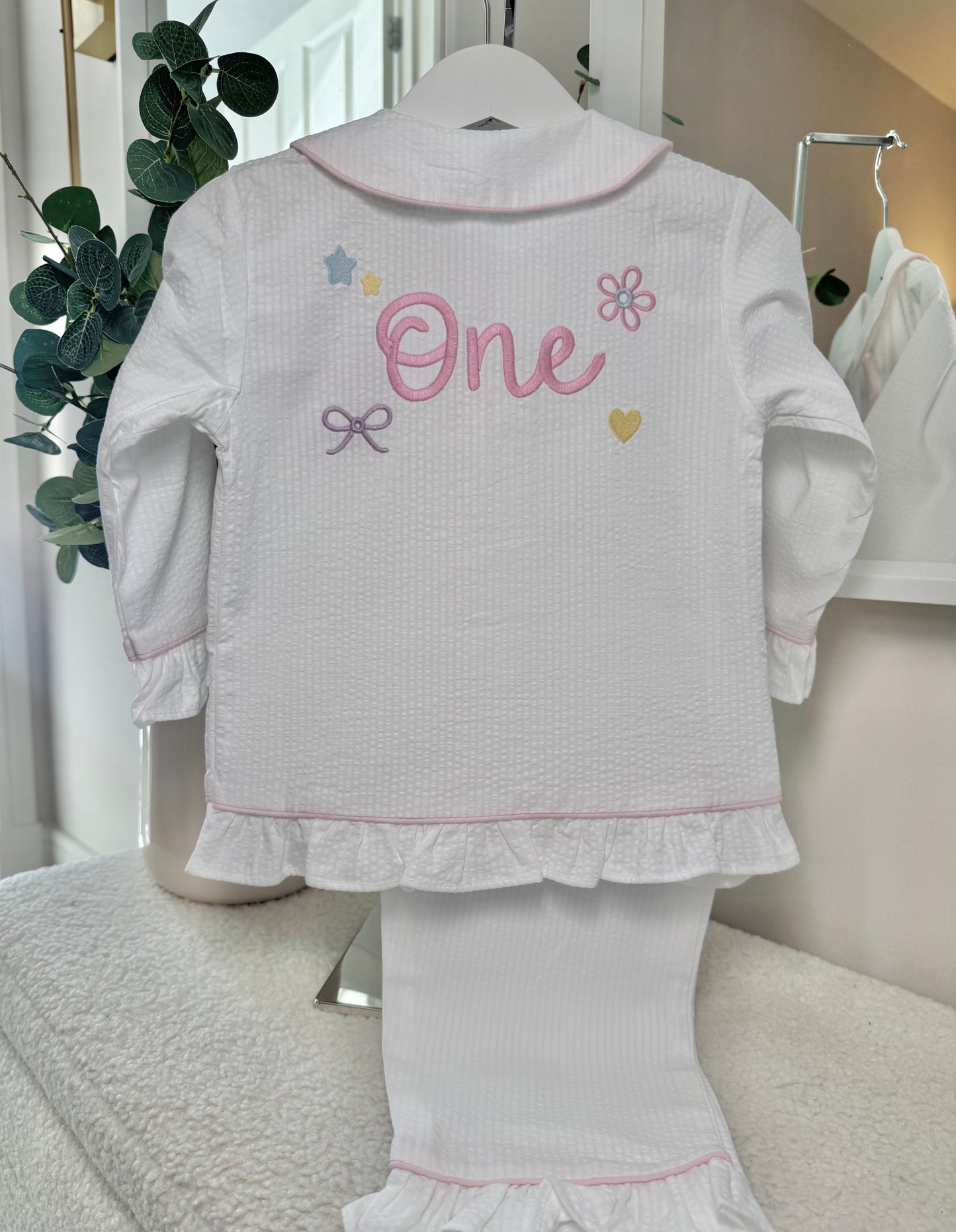 Girls White Frill Seersucker Pjs with pink lining