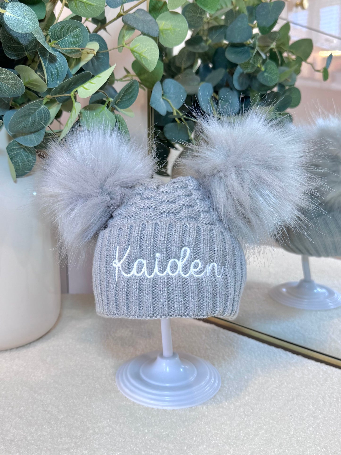 Personalised Double Pom Winter Hat with Embroidered Name - Grey