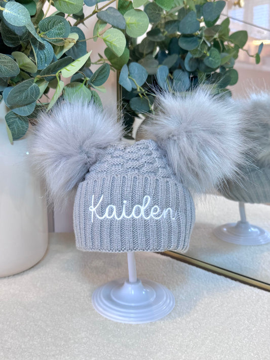 Personalised Double Pom Winter Hat with Embroidered Name - Grey