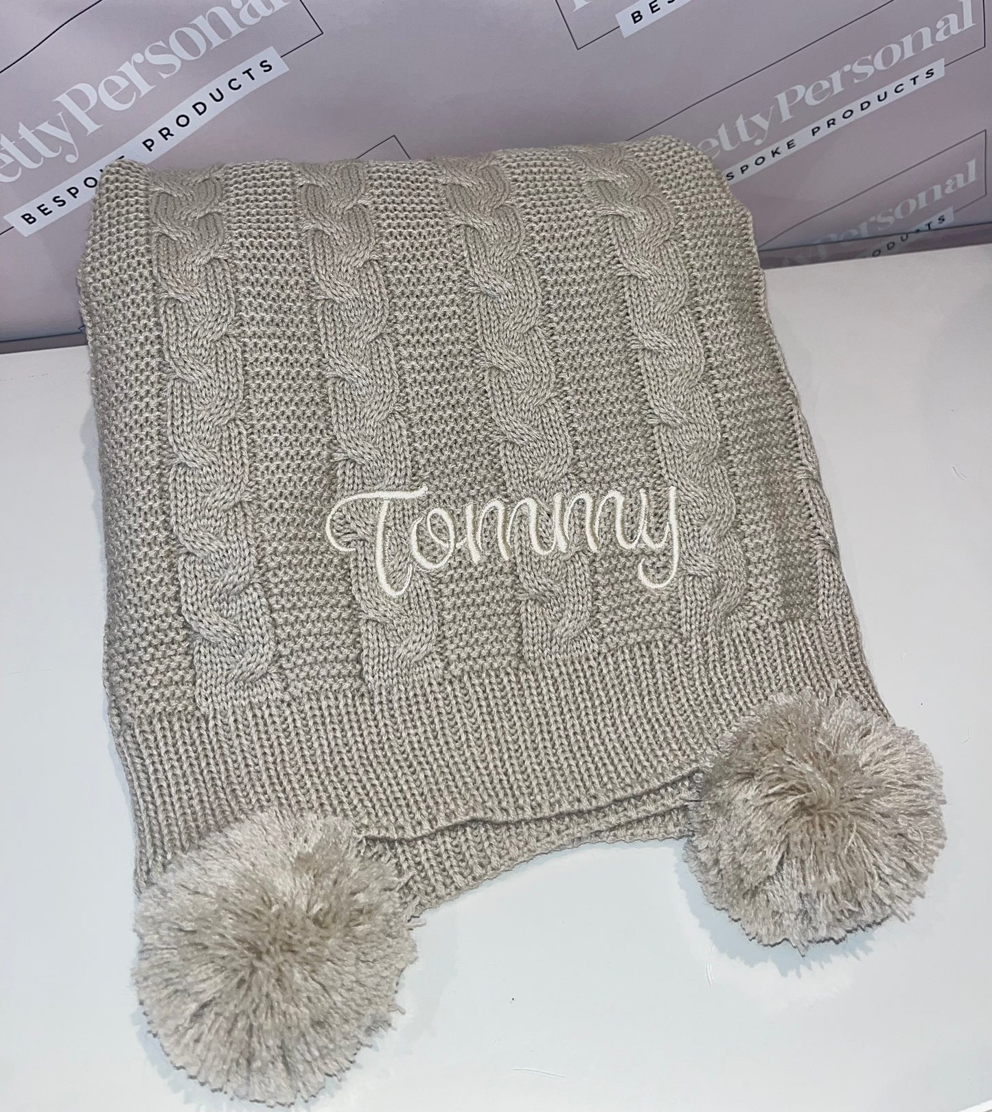 Personalised Double Pom Pom Knitted Blanket - Beige