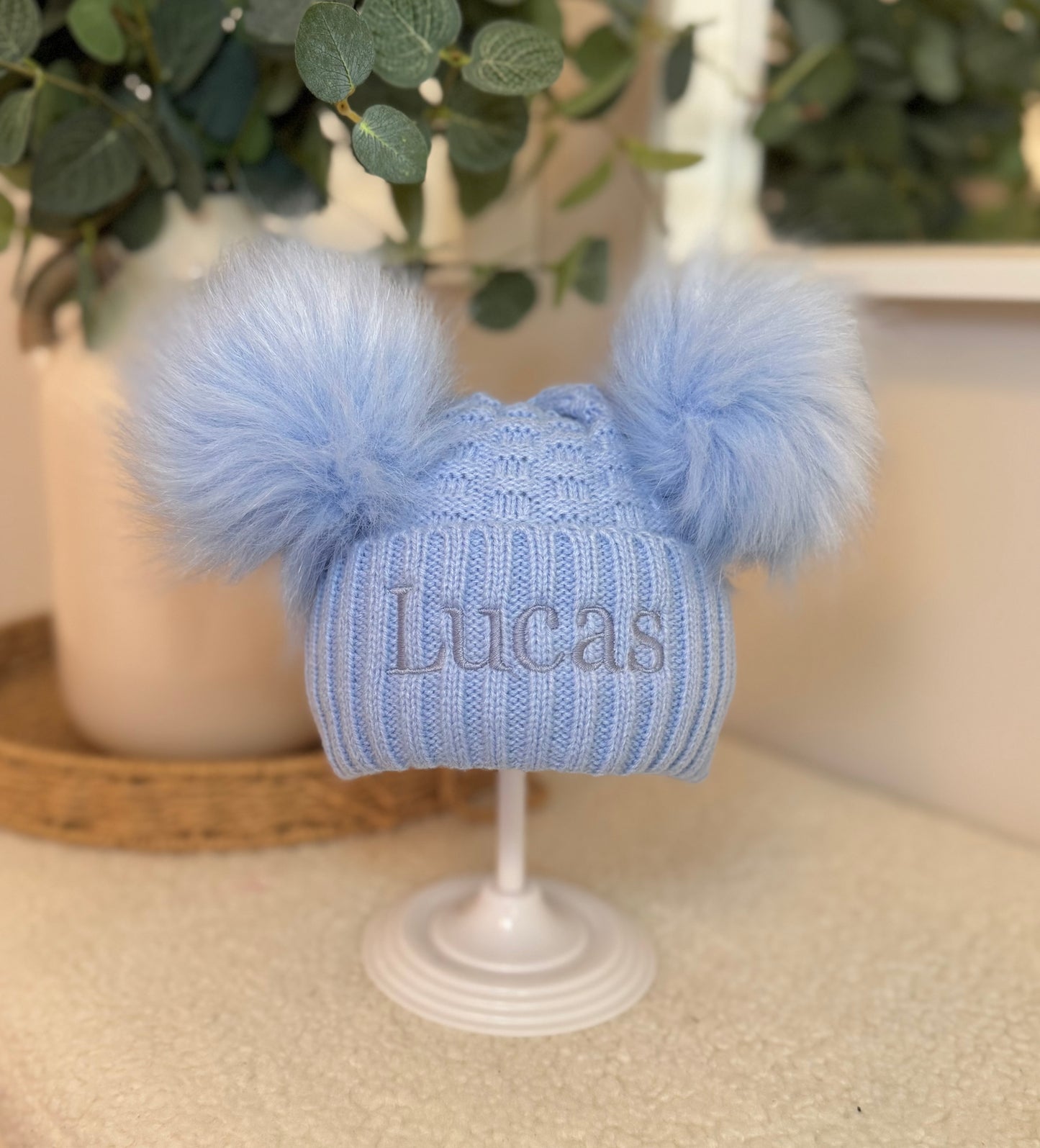 Personalised Double Pom Winter Hat with Embroidered Name - Blue