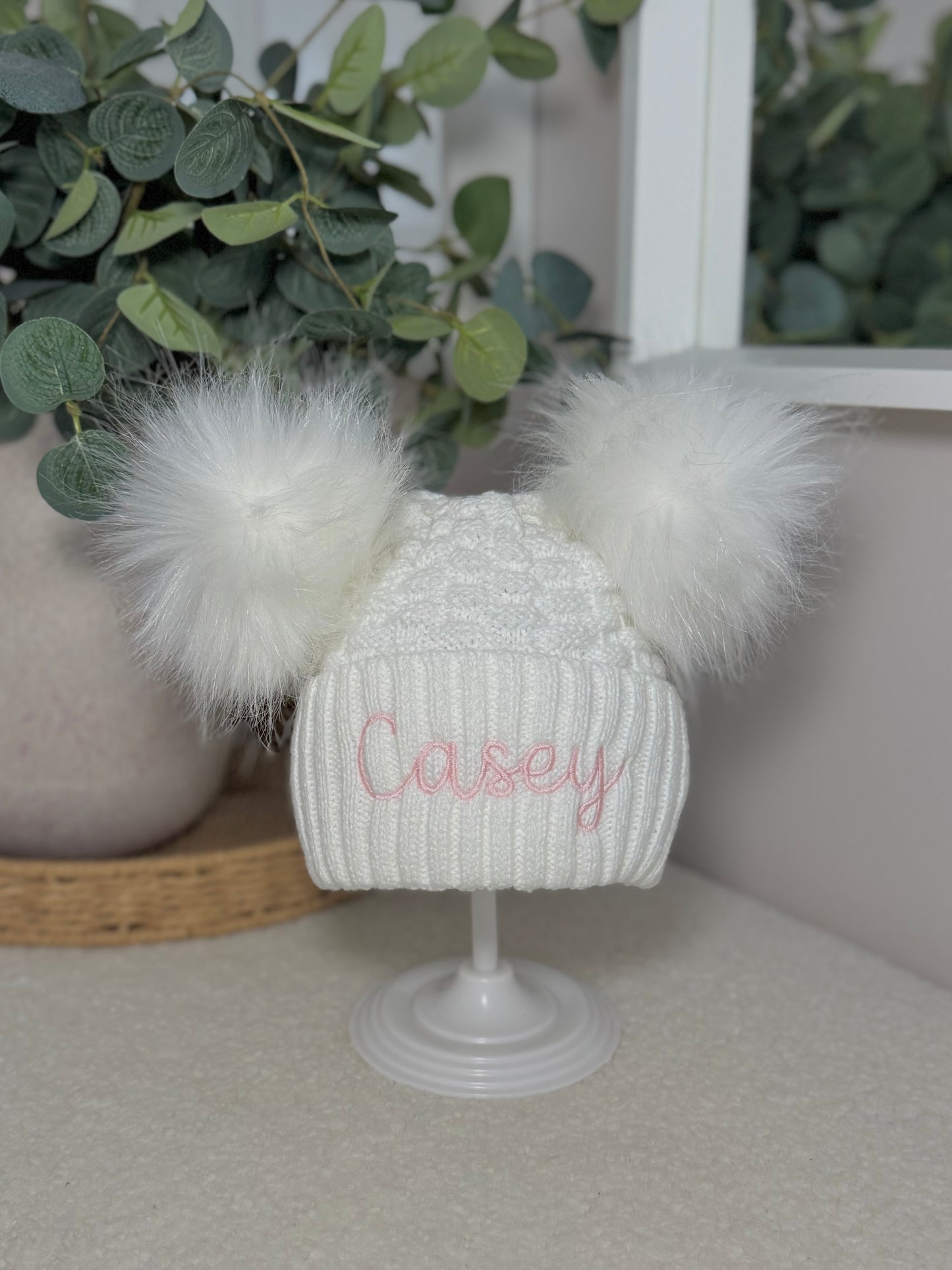 Personalised Double Pom Winter Hat with Embroidered Name - White