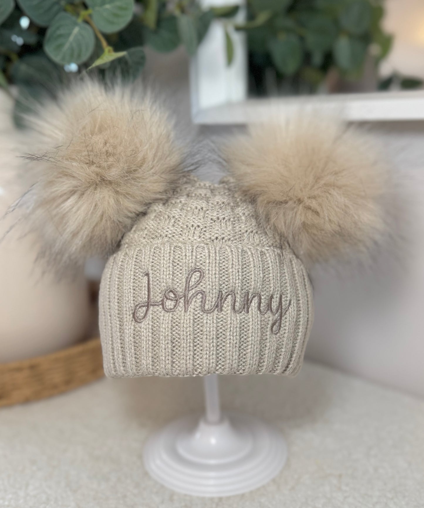 Personalised Double Pom Winter Hat with Embroidered Name - Beige