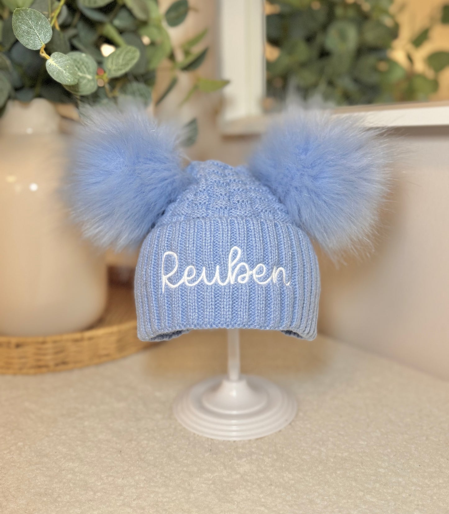 Personalised Double Pom Winter Hat with Embroidered Name - Blue